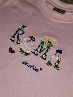 Vintage Pink Embroidered T-Shirt ROMA Italy